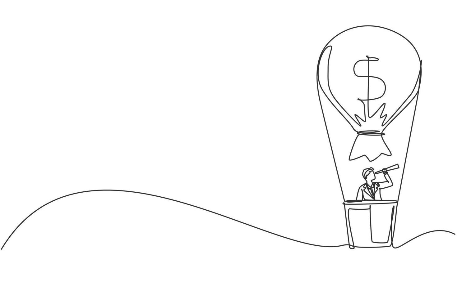 Continuous one line drawing happy businessman in hot air balloon looking with telescope. Business and leadership concept. Financial success to achieve goal. Single line draw design vector illustration