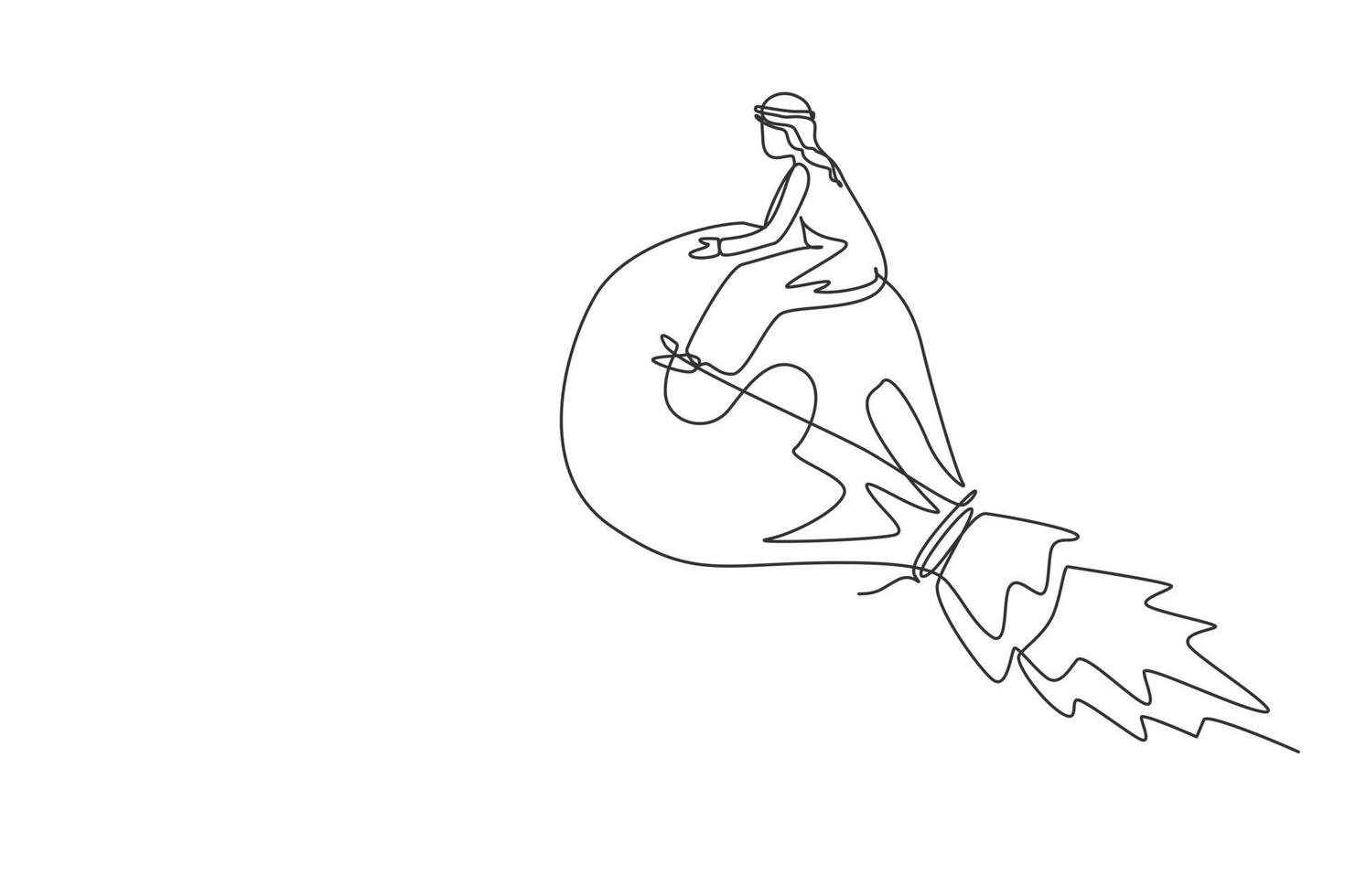 Single one line drawing Arabian businessman riding rocket money bag with dollar sign flying through sky. Financial business creative idea to achieve success goal. Continuous line draw design vector