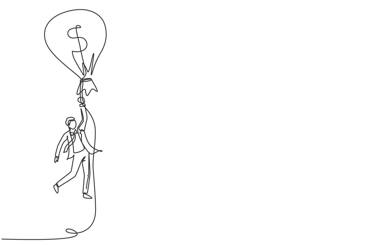 Single continuous line drawing businessman flying with money bag dollar balloon. Successful financial concept. Man earning money and have success. One line draw graphic design vector illustration