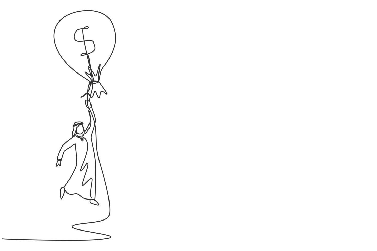 Single continuous line drawing Arab businessman flying with money bag dollar balloon. Successful financial concept. Man earning money and have success. One line draw graphic design vector illustration