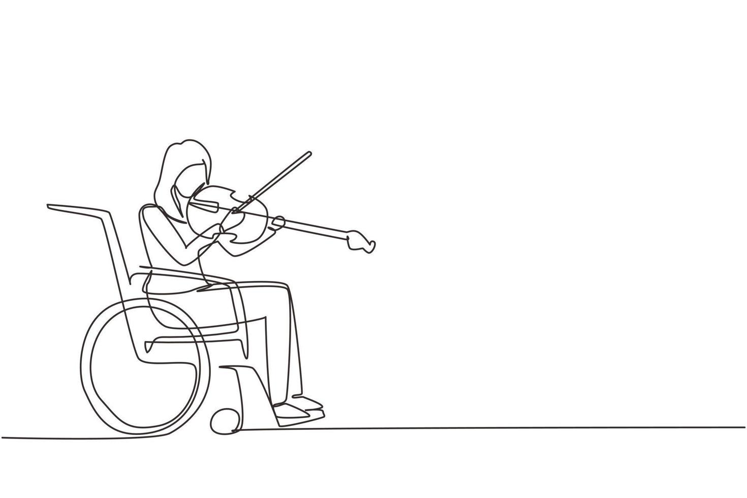 Single continuous line drawing disability and music. Woman in wheelchair plays violin. Physically disabled, handicapped. Person in hospital. Rehabilitation center patient. One line draw design vector