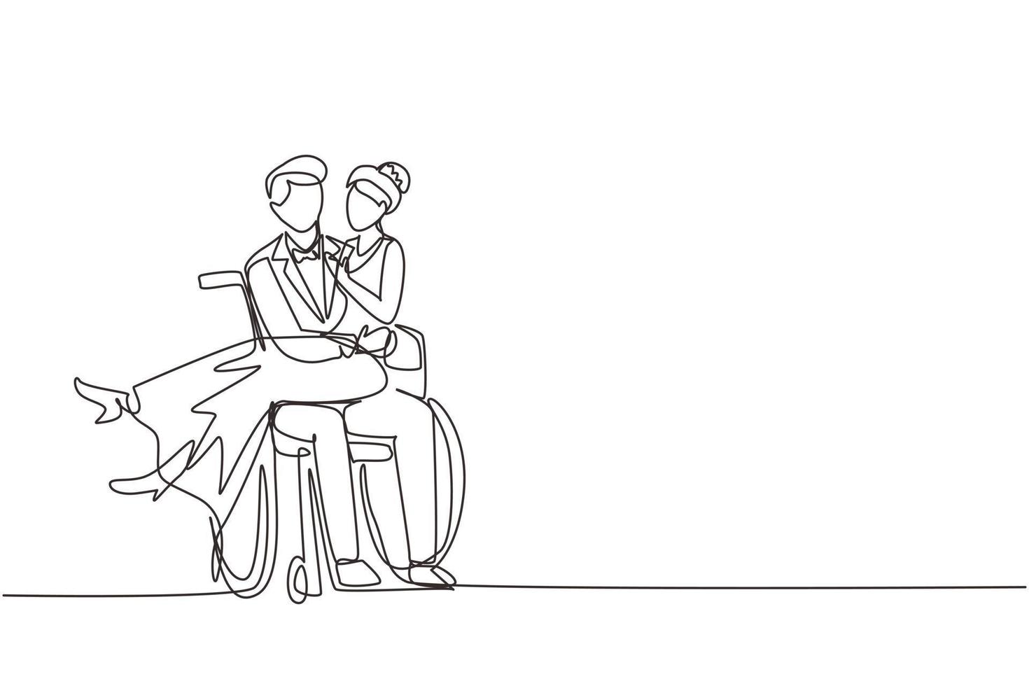 Single continuous line drawing disabled man carrying woman in wheelchair. Happy couple at wedding celebration. Happy family. Positive man with special needs in wheelchair. One line draw design vector