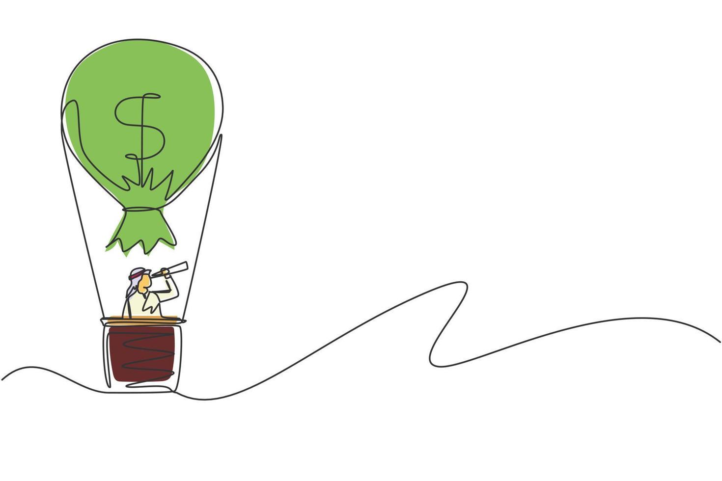 Single continuous line drawing Arab businessman in hot air balloon looking with telescope. Business and leadership concept. Financial success to achieve goal. One line draw design vector illustration
