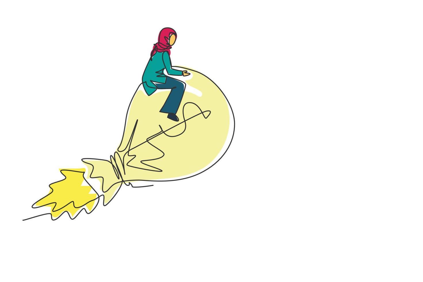 dibujo continuo de una línea mujer de negocios árabe montando una bolsa de dinero de cohetes con un signo de dólar volando por el cielo. idea creativa de negocio financiero para lograr el objetivo de éxito. vector de diseño de dibujo de una sola línea
