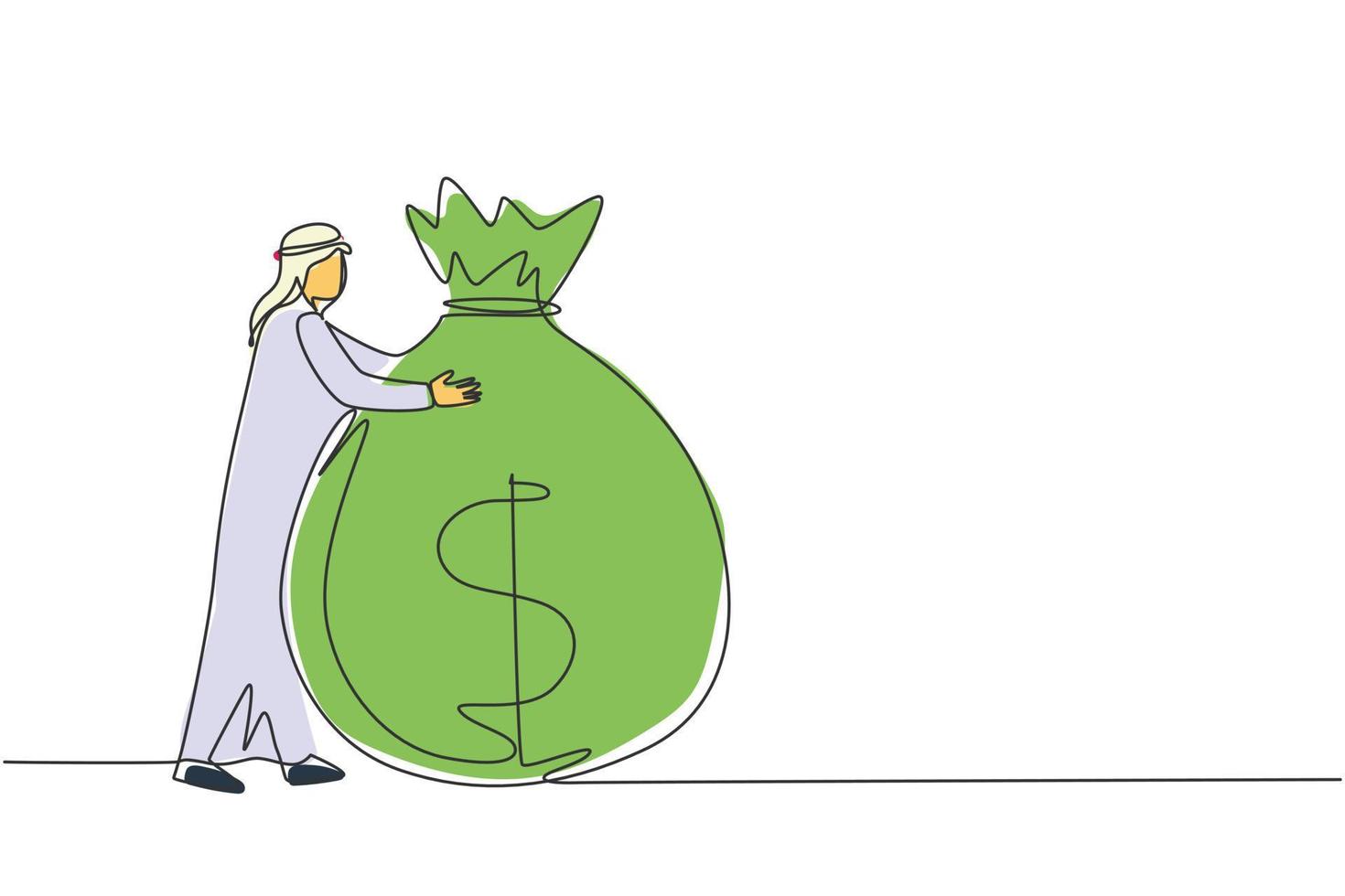 Single one line drawing Arab businessman hugging big money bag. Financial success. Man standing and hugging huge cash bag. Business angel creative idea. Continuous line draw design vector illustration