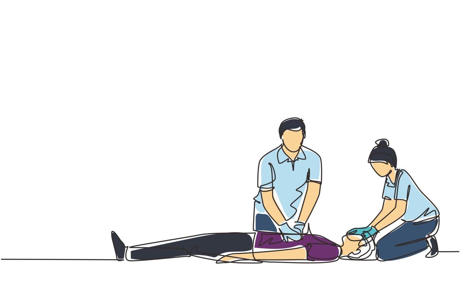 Single continuous line drawing emergency doctors doing cardiopulmonary resuscitation of a man. Paramedic giving indirect heart massage first aid to patient. One line draw design vector illustration