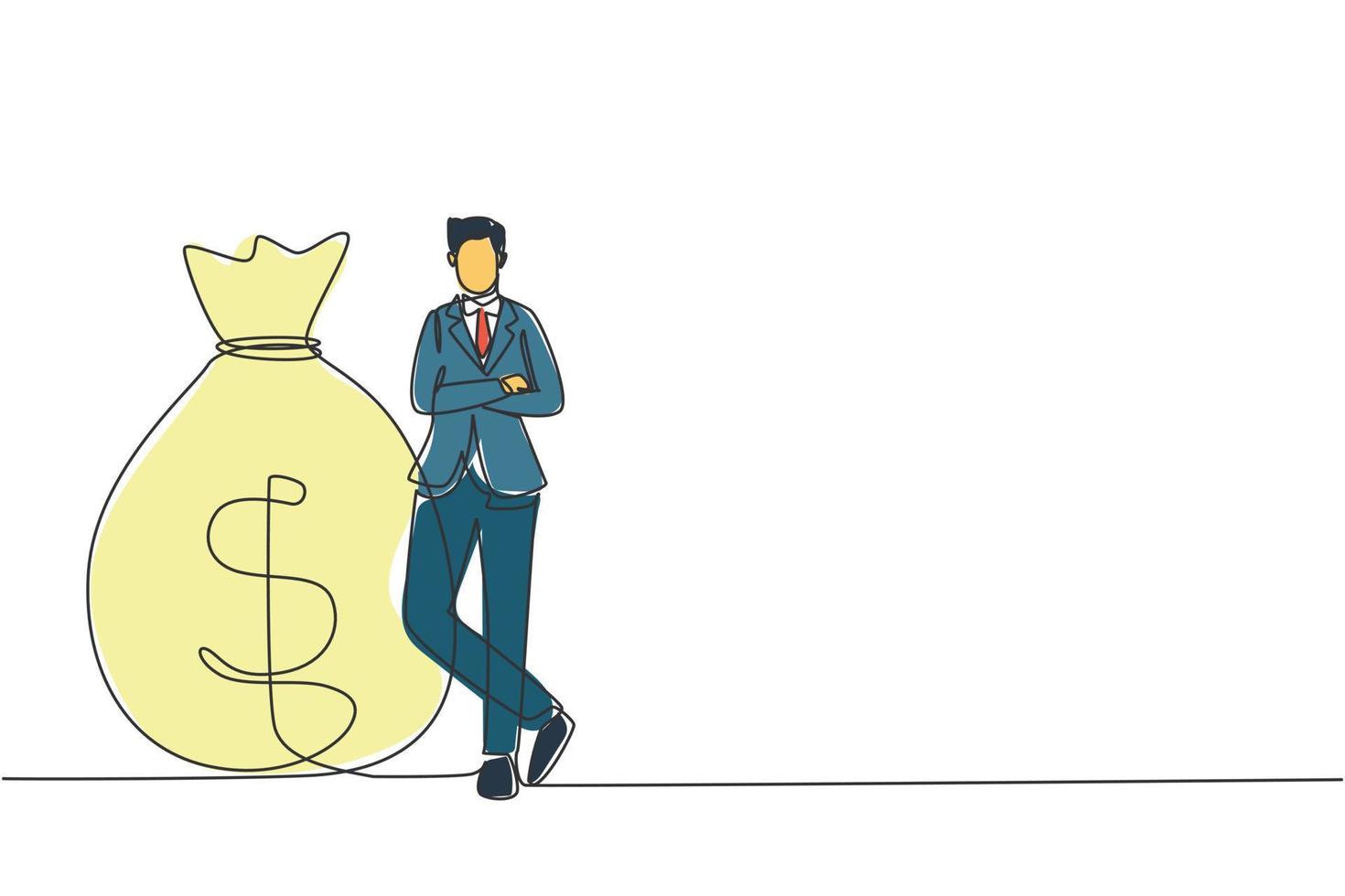 Continuous one line drawing happy businessman in suit standing near big heavy bag with dollar sign. Male leaning on money sack. Success concept. Single line draw design vector graphic illustration
