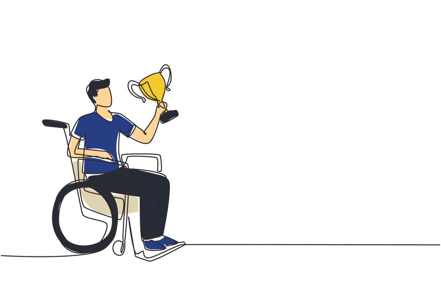 Single continuous line drawing happy man in wheelchair hold golden cup trophy winner podium. Disabled person. Tournament game competition, sport training, challenge. One line design vector