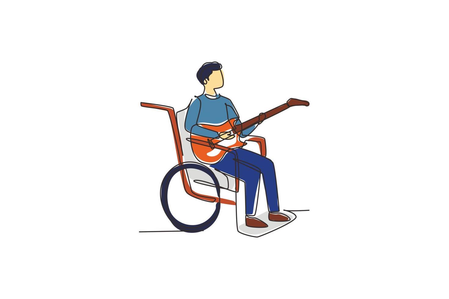 Continuous one line drawing male sit wheelchair playing electric guitar, sing song. Physically disabled. Guitarist person in hospital room ward. Single line draw design vector graphic illustration