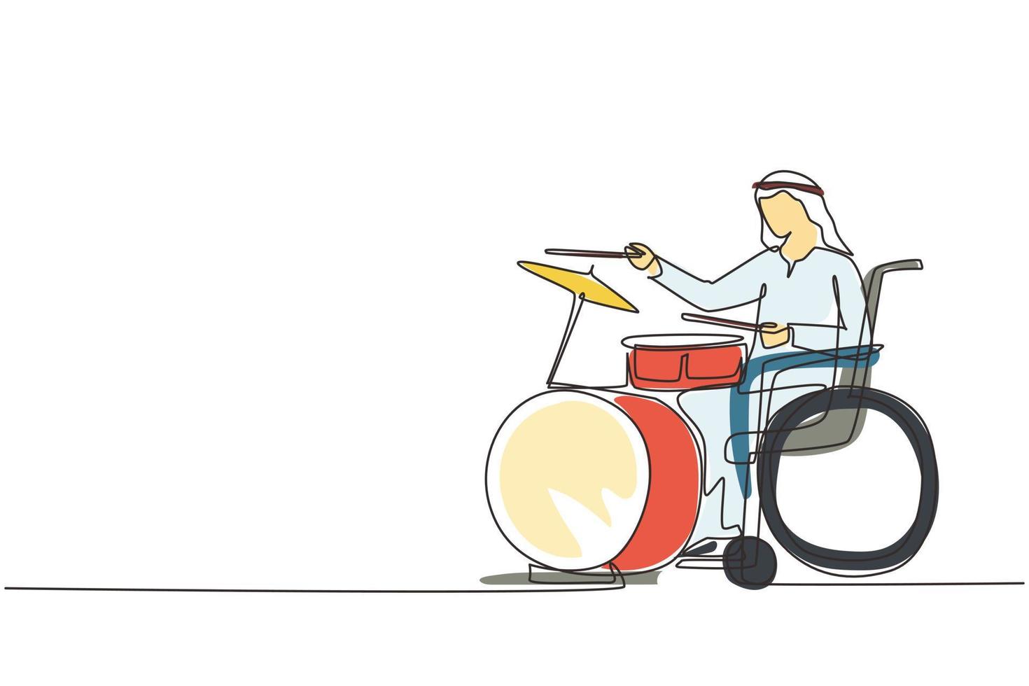Continuous one line drawing disabled Arabian man in wheelchair playing drum. Physically disabled. Person in hospital. Rehabilitation center patient. Single line draw design vector graphic illustration