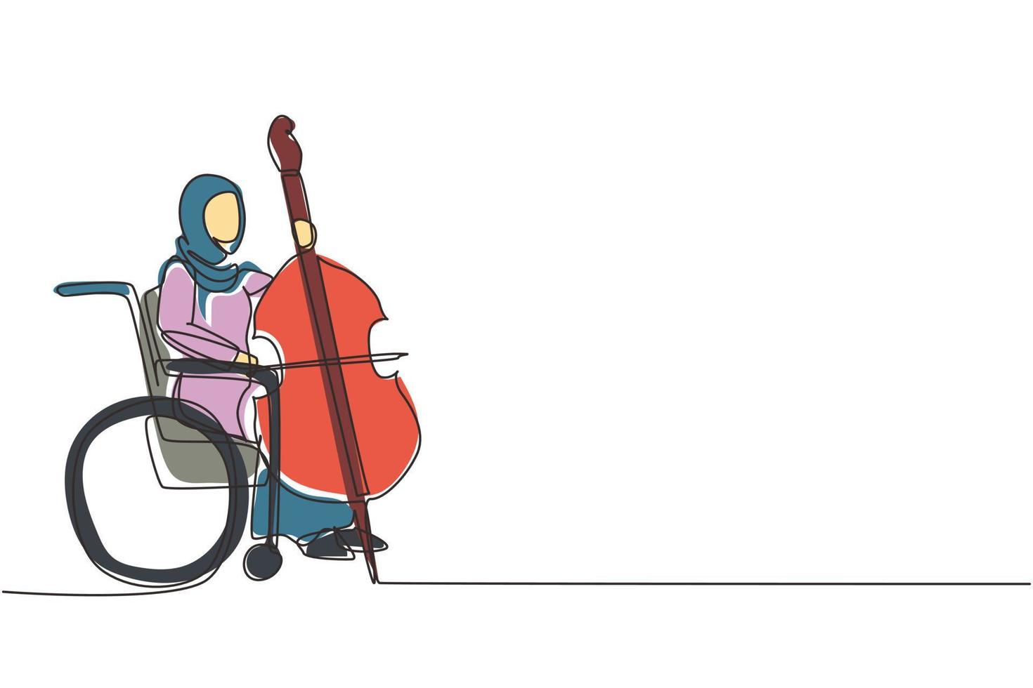 una mujer árabe dibujando una sola línea sentada en silla de ruedas toca violonchelo en concierto. discapacidad y música clásica. Físicamente desarmado. paciente del centro de rehabilitación. vector de diseño de dibujo de línea continua