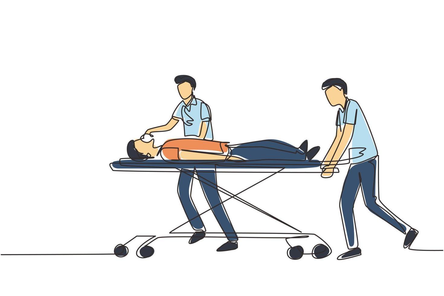 Continuous one line drawing medical team resuscitates affected person. Doctors take patient to gurney. Man has difficulty breathing. Health care and aid. Single line draw design vector illustration