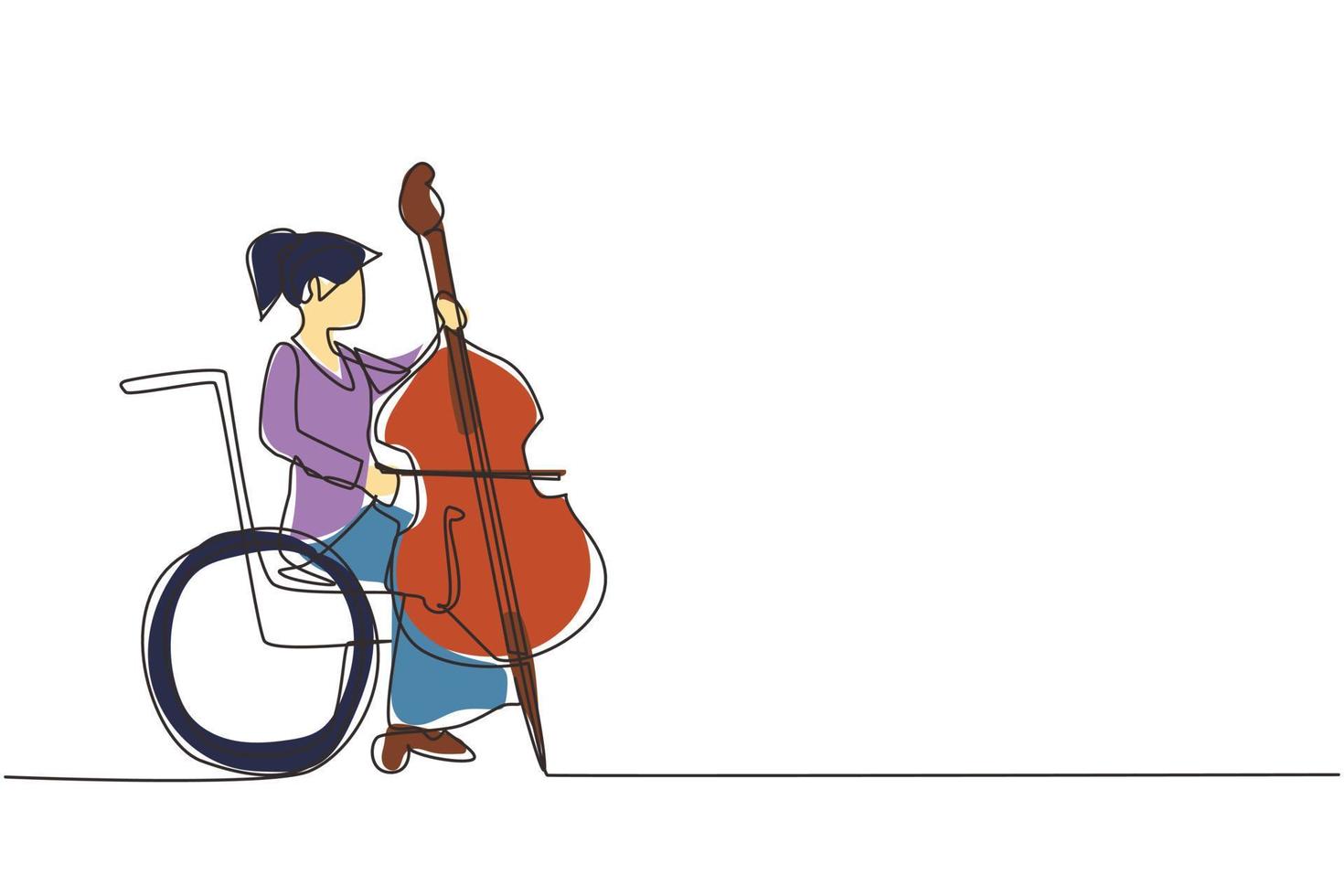 Single one line drawing woman sitting in wheelchair plays cello in opera concert. Disability and classical music. Physically disabled. Continuous line draw design graphic vector illustration