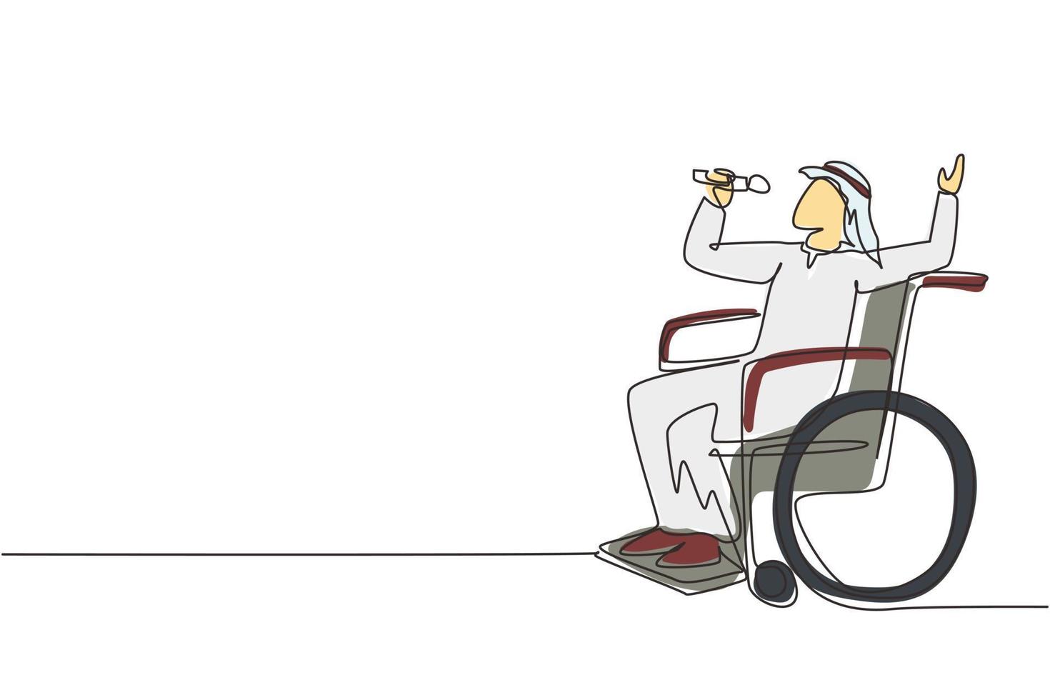 dibujo de una sola línea continua persona discapacitada disfrutando de la vida. hombre árabe sentado en silla de ruedas cantando en karaoke. pasar tiempo en un lugar recreativo. ilustración de vector de diseño gráfico de dibujo de una línea