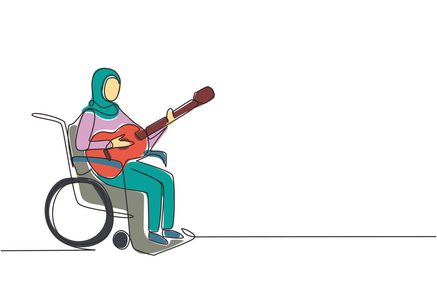 Single continuous line drawing young Arab woman sit wheelchair with acoustic guitar play music, sing song. Physically disabled. Rehabilitation center patient. One line draw design vector illustration