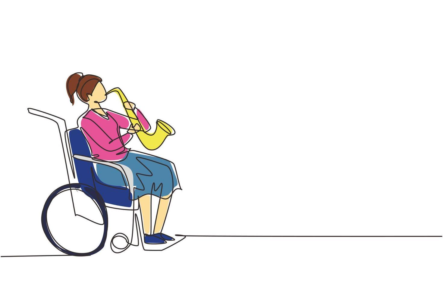 Continuous one line drawing woman sitting in wheelchair plays saxophone. Disability and classical music. Physically disabled, fracture. Person in hospital. Single line draw design vector graphic