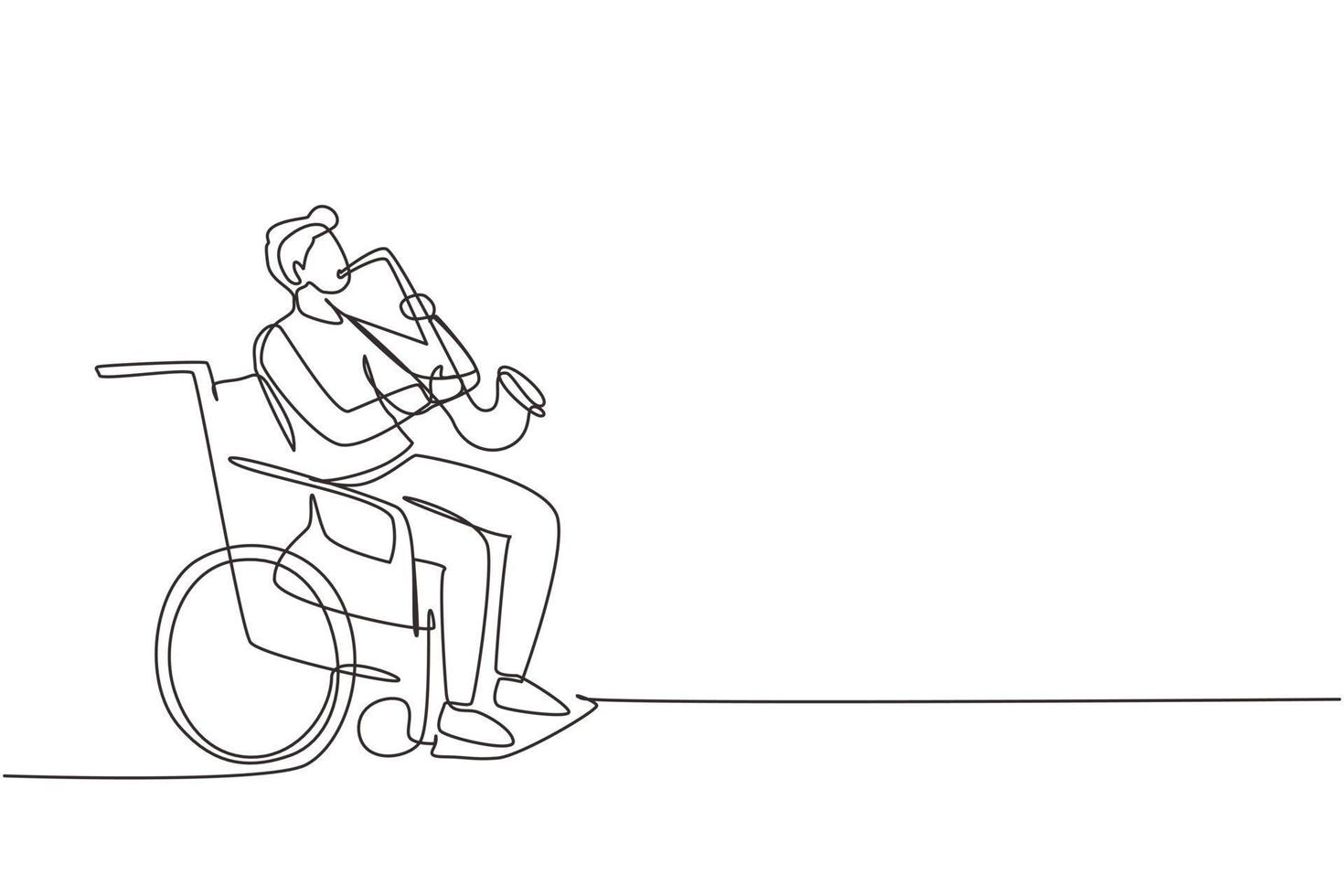 Continuous one line drawing man sitting in wheelchair plays saxophone. Disability, classical music. Physically disabled, broken leg. Rehabilitation center. Single line draw design vector illustration
