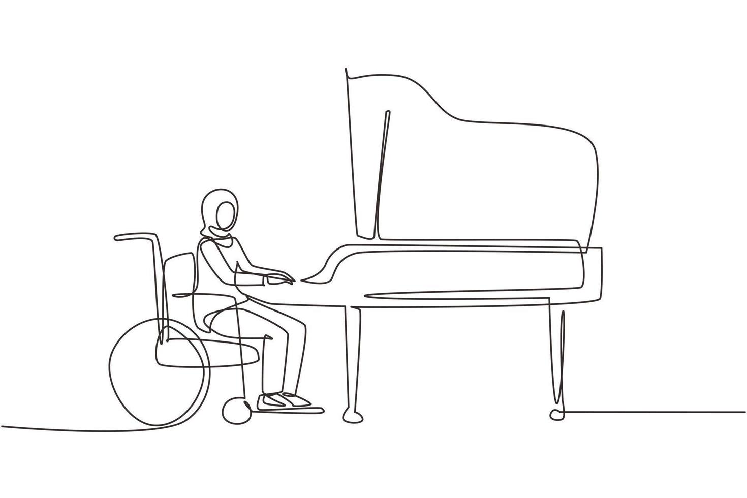 Continuous one line drawing disabled young Arab woman in wheelchair playing piano in concert. Disability and classical music. Physically disabled. Single line draw design vector graphic illustration