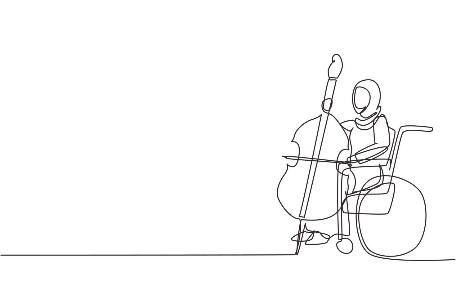 una mujer árabe dibujando una sola línea sentada en silla de ruedas toca violonchelo en concierto. discapacidad y música clásica. Físicamente desarmado. paciente del centro de rehabilitación. vector de diseño de dibujo de línea continua