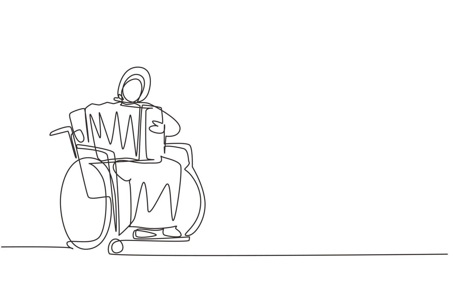 dibujo de una sola línea continua mujer árabe discapacitada en silla de ruedas tocando música de acordeón. Físicamente desarmado. persona en el hospital. paciente del centro de rehabilitación. vector de diseño gráfico de dibujo de una línea