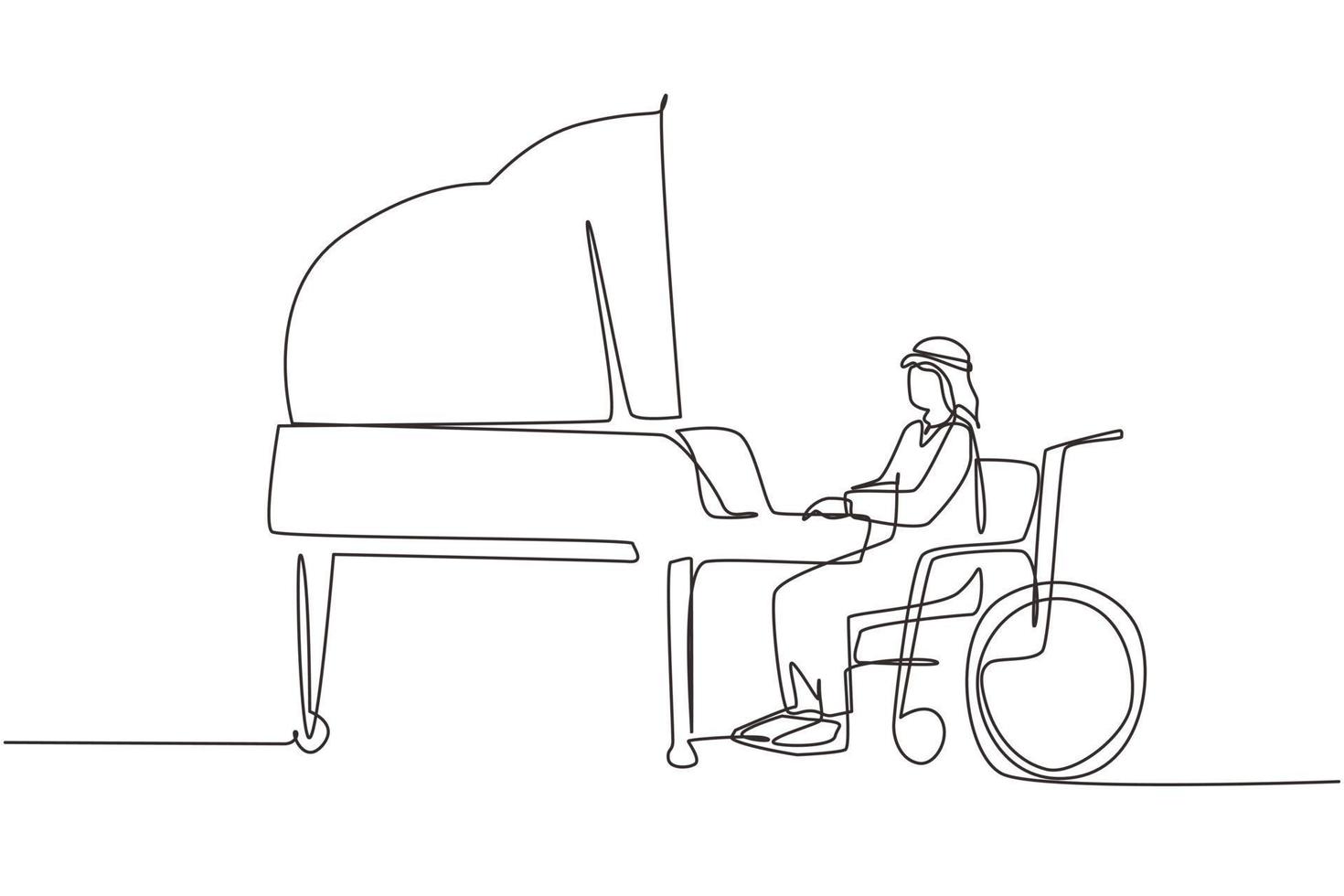 Single one line drawing disabled Arab man in wheelchair playing piano in concert. Disability and classical music. Physically disabled. Rehabilitation center patient. Continuous line draw design vector