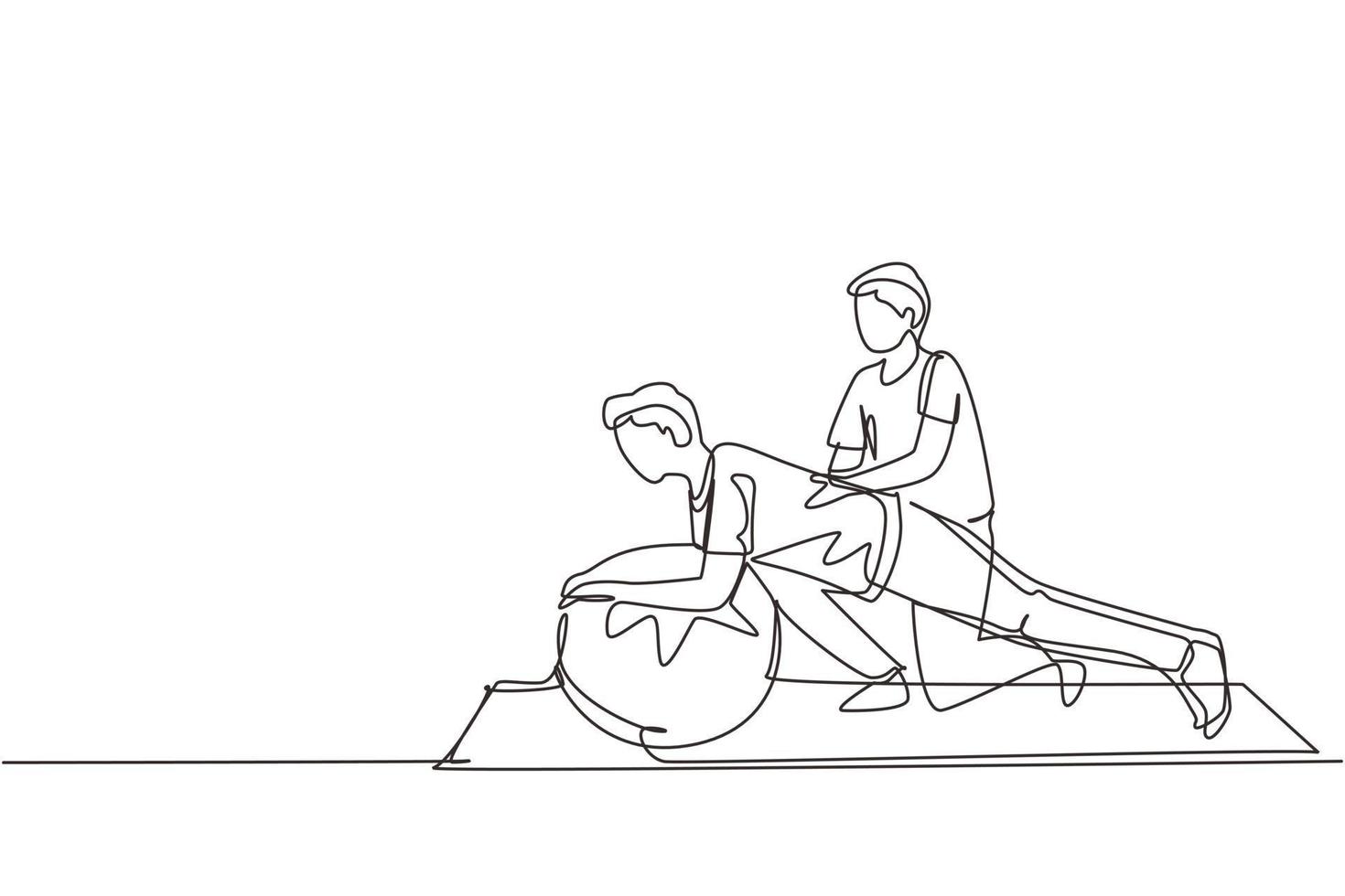 Continuous one line drawing physiotherapist or rehabilitologist doctor rehabilitates man patient. Male doing exercises on fitball. Physiotherapy rehab, injury recovery. Single line draw design vector