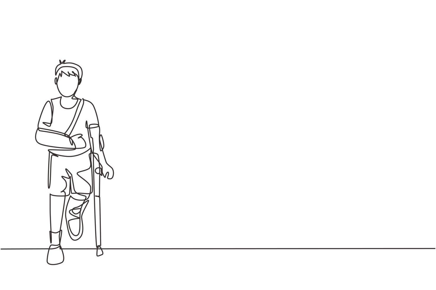 Single continuous line drawing sad injured boy with broken arm and leg in gypsum. Full length of upset injured little boy standing on crutches. Dynamic one line draw graphic design vector illustration