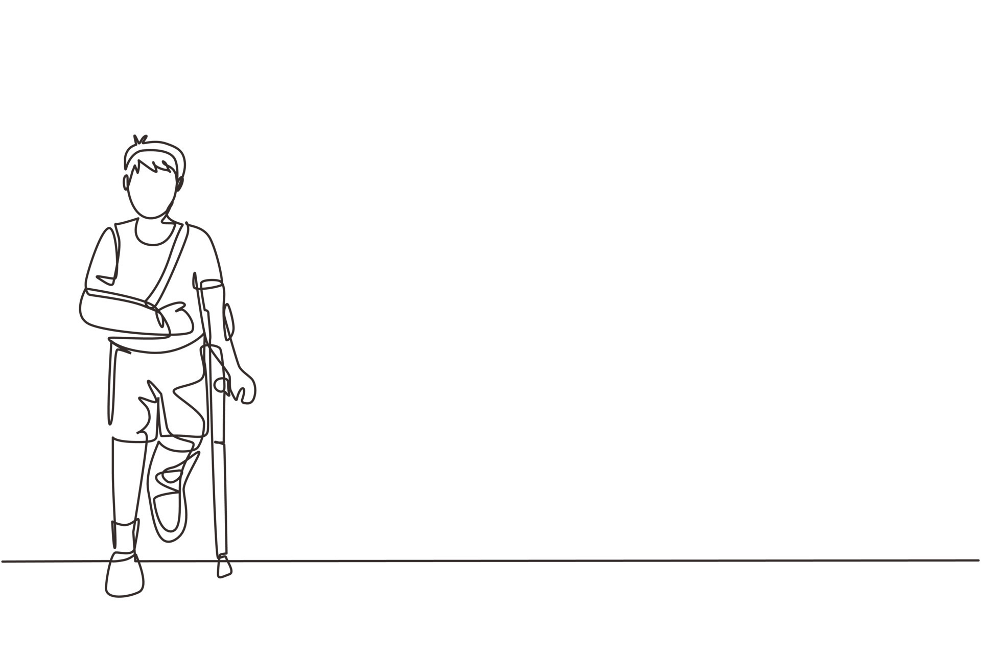 Single continuous line drawing sad injured boy with broken arm and leg