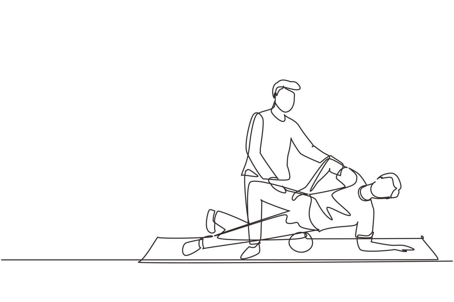Single continuous line drawing professional male osteopath bonesetter making massage to man. Spine adjustment. Rehabilitation therapy, manual therapy. Chiropractor working. One line draw design vector