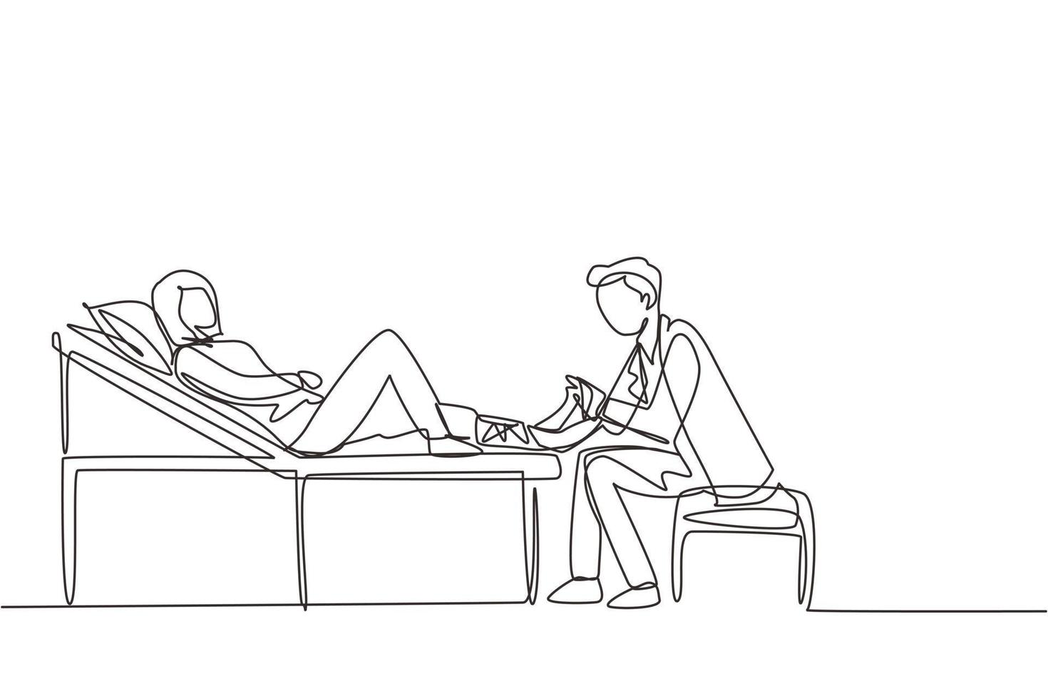 un solo dibujo de una línea médico venda la pierna rota a una paciente sentada en el sofá en la clínica o en el departamento de traumatología. fractura de extremidad, visita al hospital. vector de diseño de dibujo de línea continua