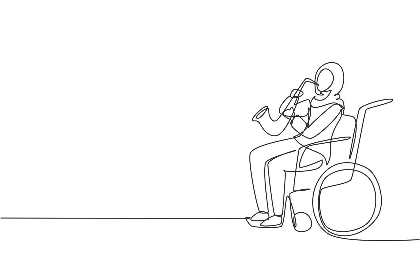 Single one line drawing Arab woman sitting in wheelchair plays saxophone. Disability, classical music. Physically disabled. Person in hospital. Continuous line draw design graphic vector illustration