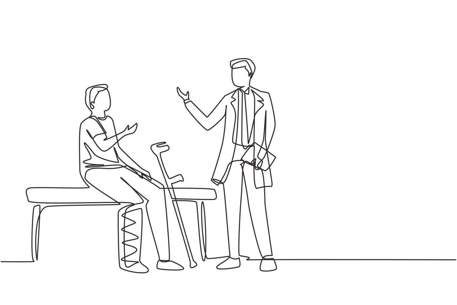 Continuous one line drawing leg fracture patient. Medical doctor talking to man with broken leg in hospital room. Young male on consultation with trauma. Single line draw design vector illustration