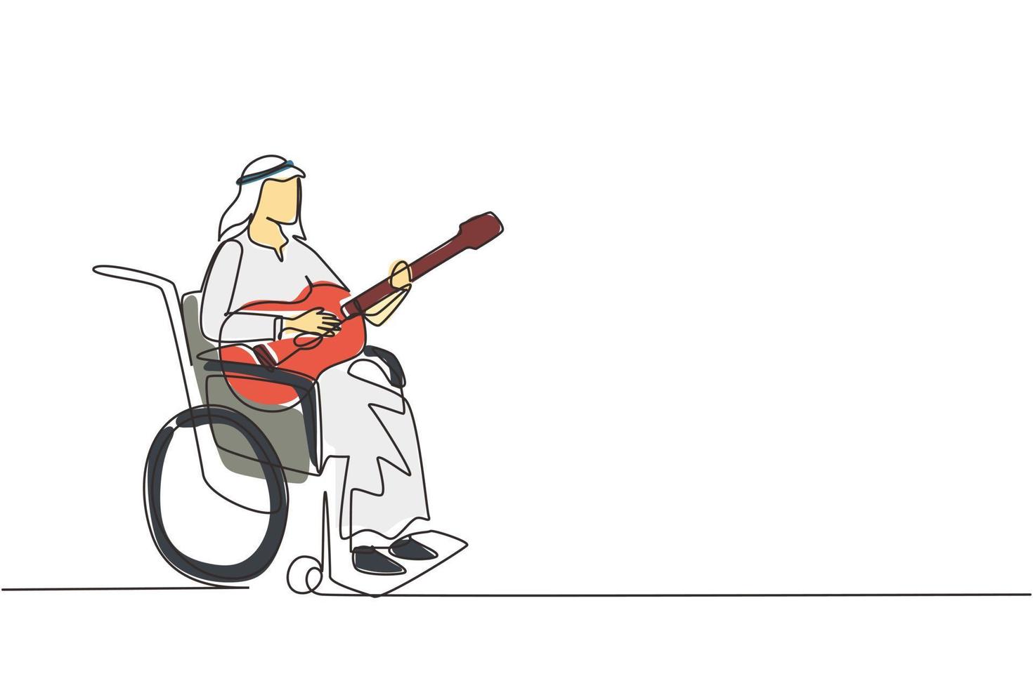 Continuous one line drawing Arab man sit wheelchair with acoustic guitar play music, sing song. Physically disabled. Rehabilitation center patient. Single line draw design vector graphic illustration