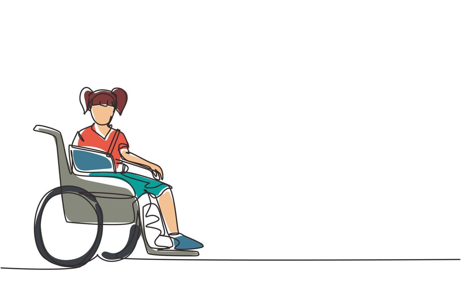 Single continuous line drawing little sad girl with leg in plaster. Injured upset kid sitting in wheelchair with broken leg. Child with fractured leg suffering from pain. One line draw design vector