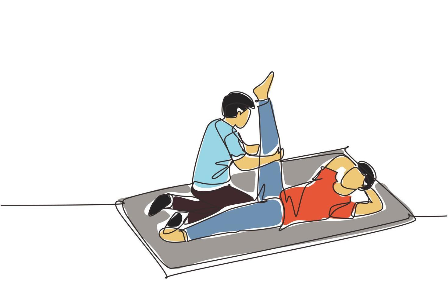 Single one line drawing rehabilitation center. Massage therapy. Male physiotherapist giving leg massage to patient lying on the floor. Modern continuous line draw design graphic vector illustration