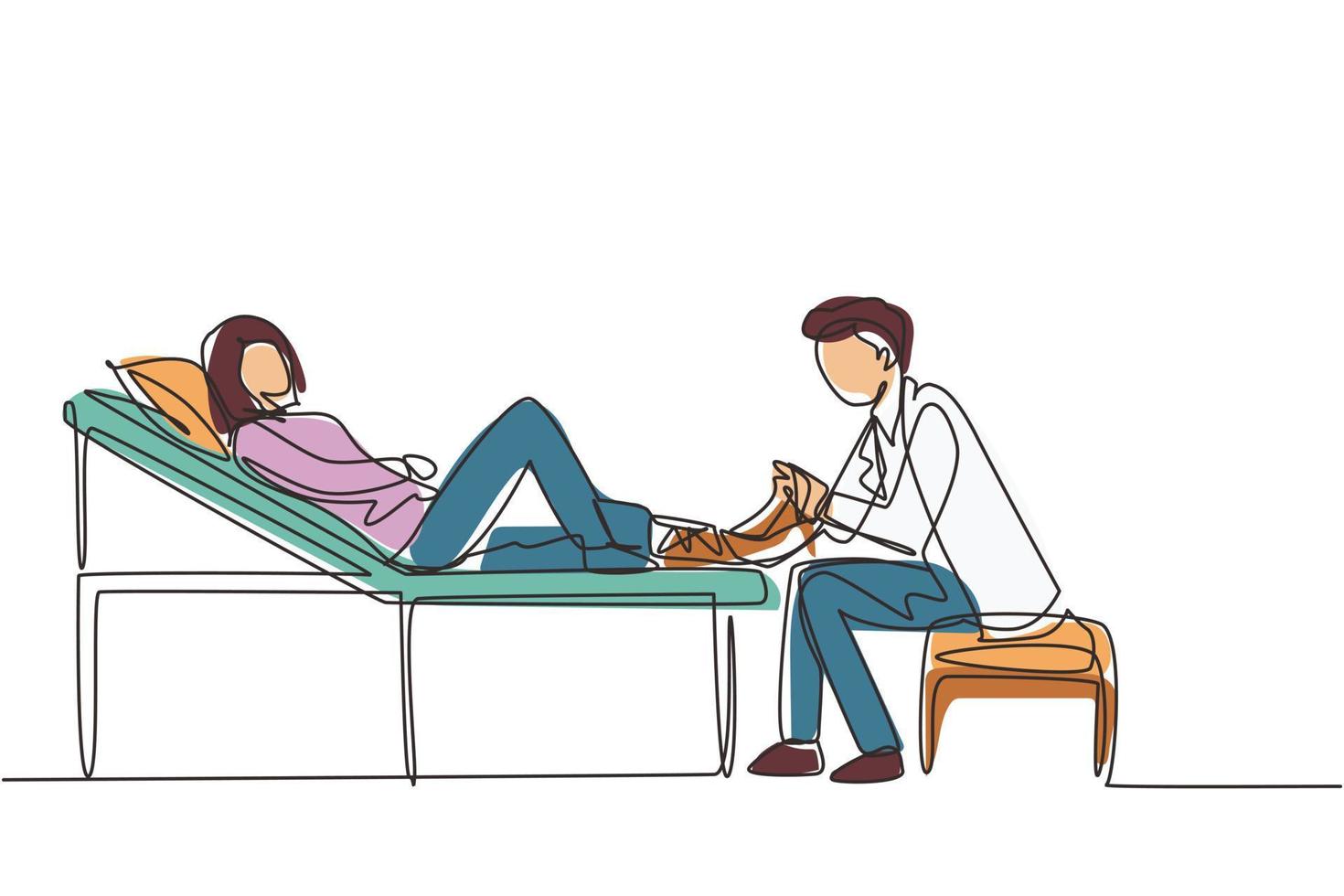 Single one line drawing medical doctor bandage broken leg to female patient sitting on couch at clinic or traumatology department. Limb fracture, hospital visit. Continuous line draw design vector