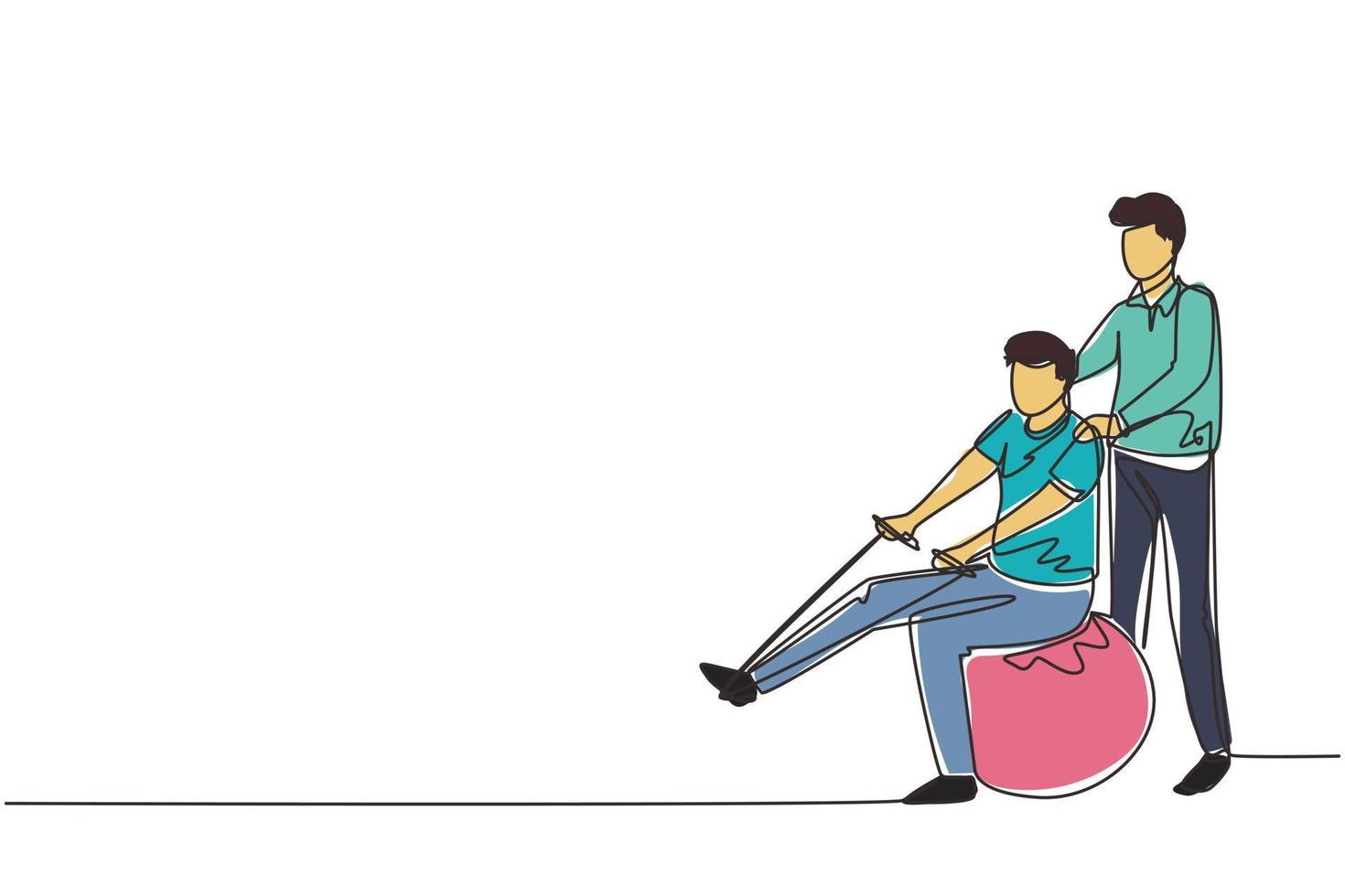 Single one line drawing physiotherapy rehabilitation isometric composition with medical specialist helping man patient to massage leg with rope. Modern continuous line draw design vector illustration