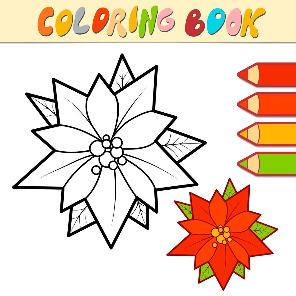 Coloring book or page for kids. Christmas Poinsettia black and white vector