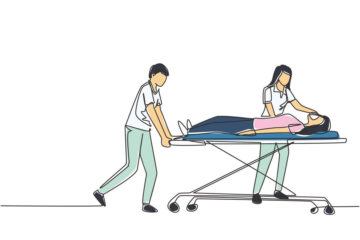 Single one line drawing doctors push gurney with sick woman. Room in hospital. Medical staff, infected patient. Health care and aid. Medical quarantine. Continuous line draw design vector illustration