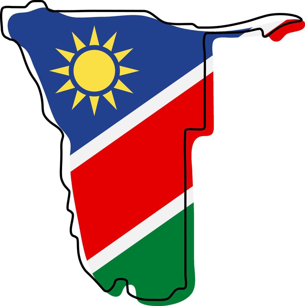 Stylized outline map of Namibia with national flag icon. Flag color map of Namibia vector illustration.