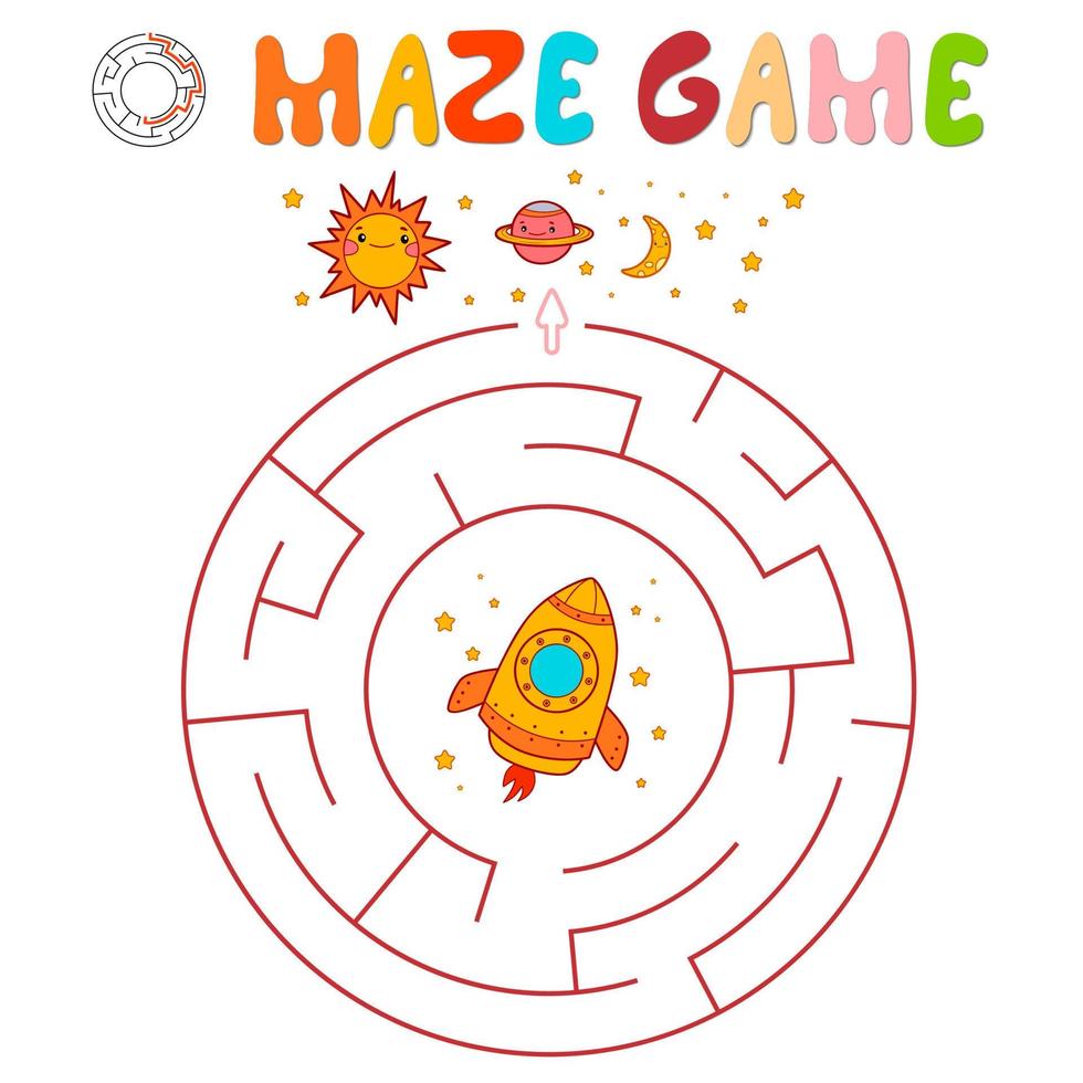 Maze puzzle game for children. Circle maze or labyrinth game with rocket. vector