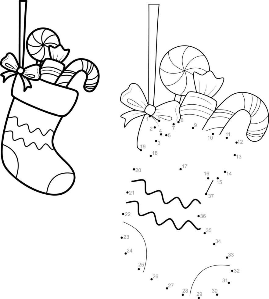 Rompecabezas de Navidad punto a punto para niños. juego de conectar puntos. calcetín vector