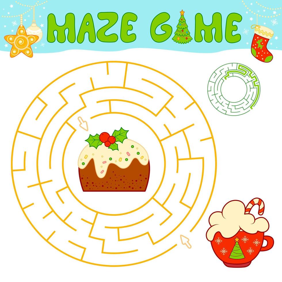 juego de rompecabezas de laberinto navideño para niños. laberinto circular o juego de laberinto con pastel de navidad. vector