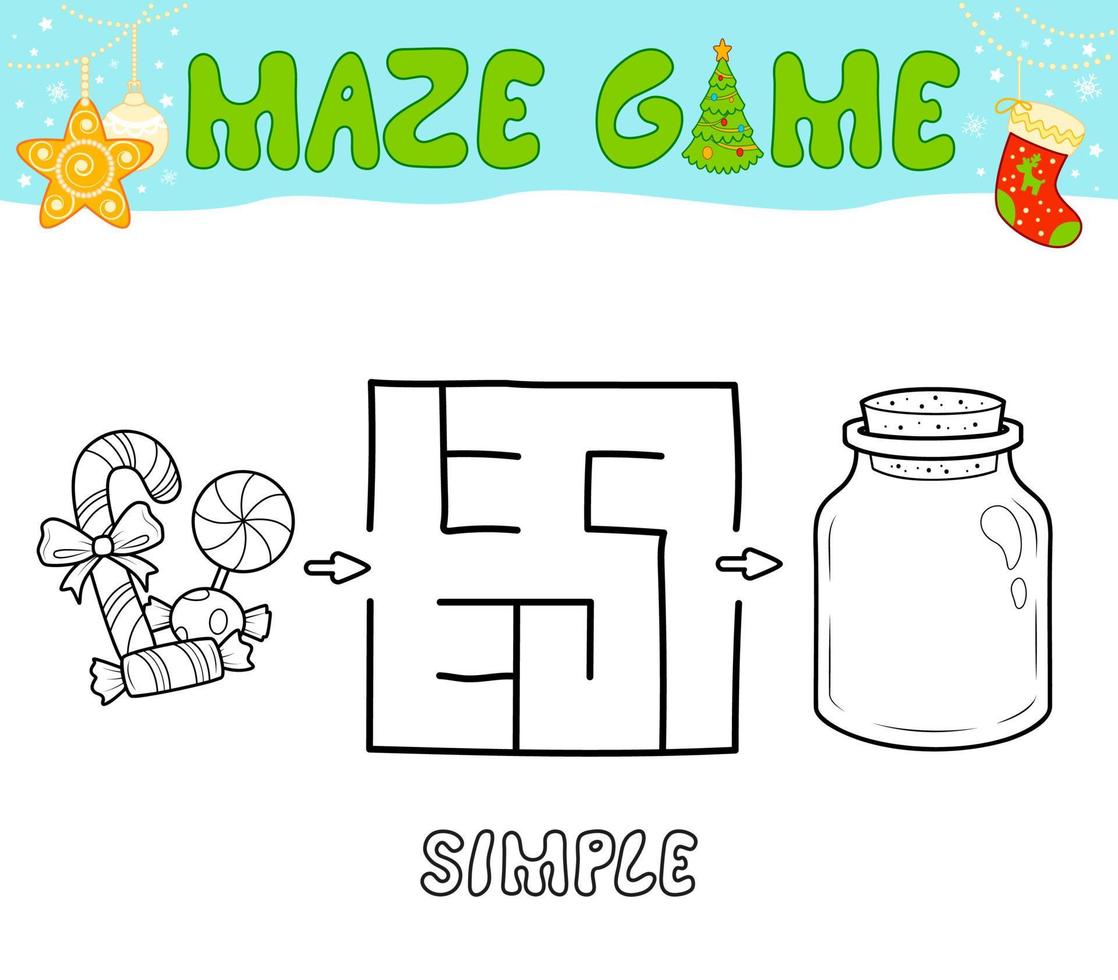 Christmas Maze puzzle game for children. Simple outline maze or labyrinth game with christmas Candy. vector