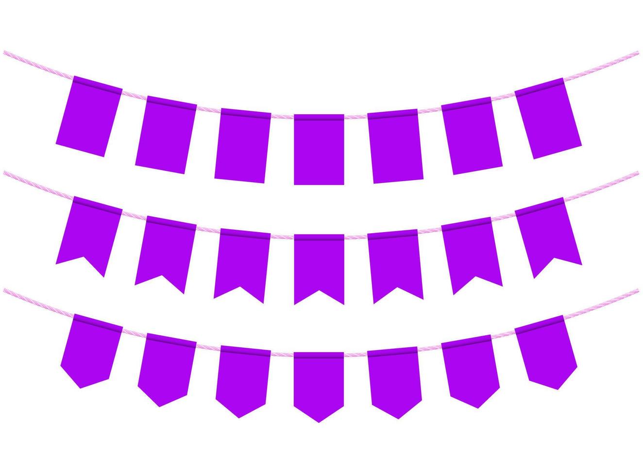 Purple flags for decoration on white background. Bunting flags on the ropes vector