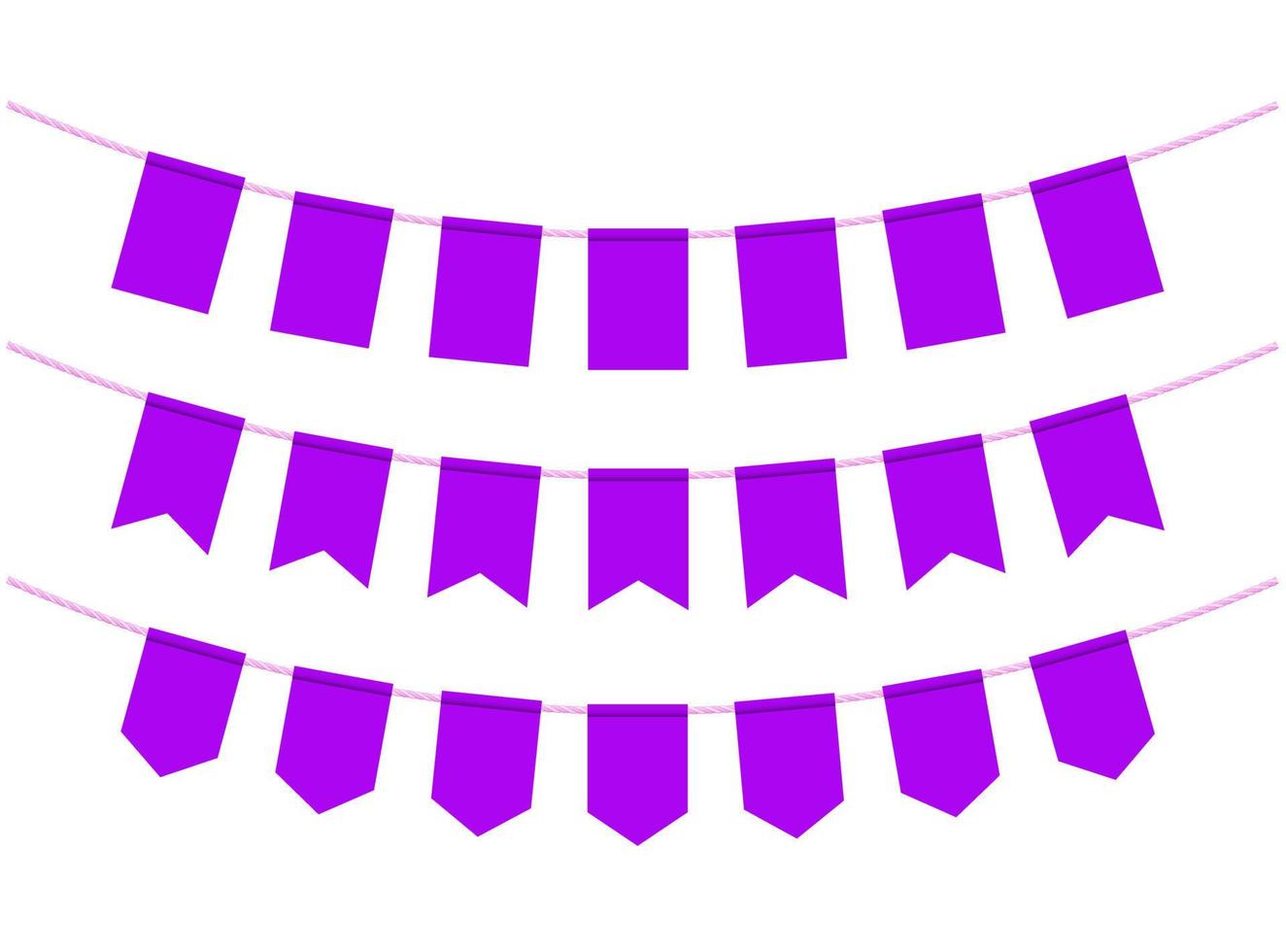 banderas moradas para decoración sobre fondo blanco. empavesado de banderas en las cuerdas vector