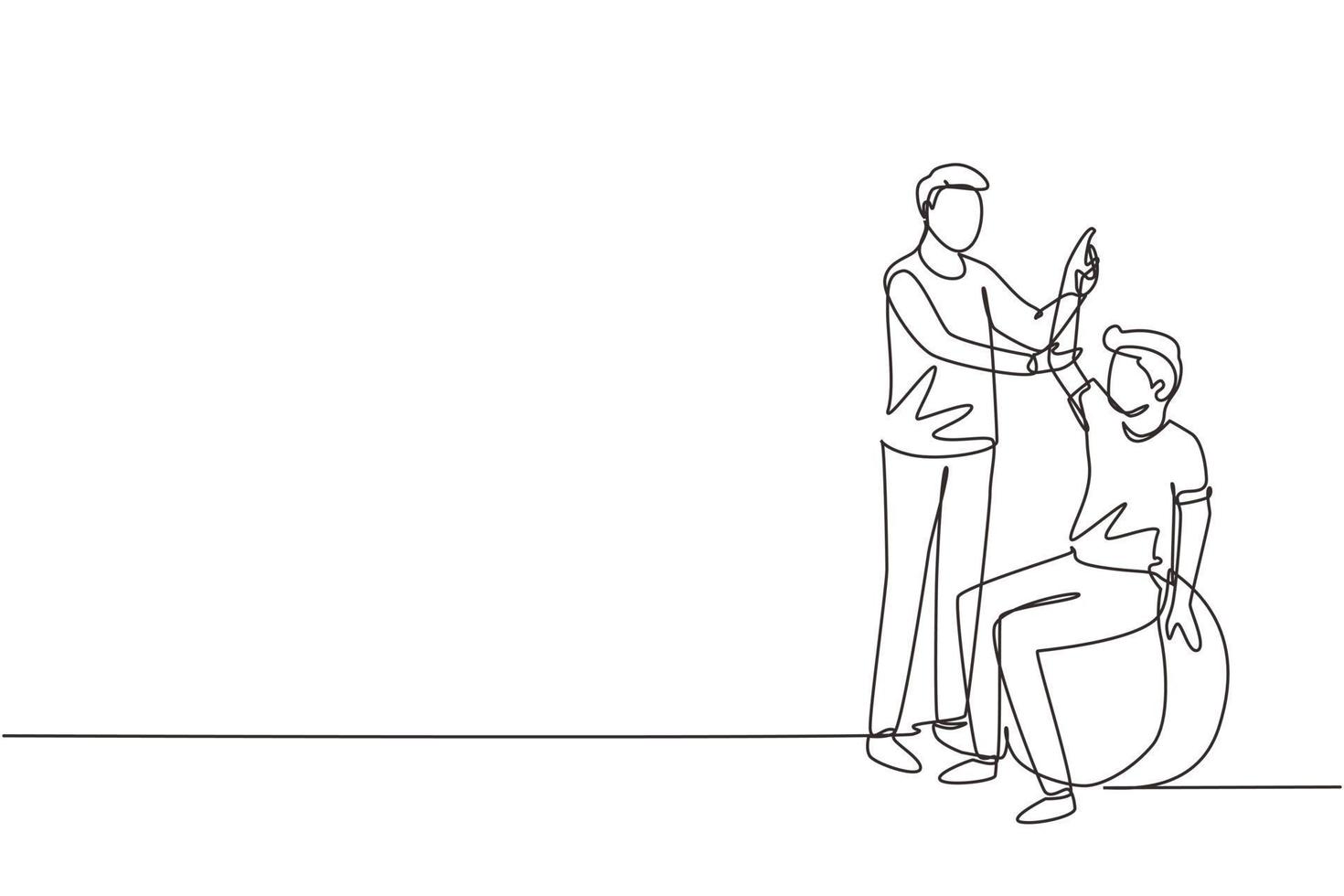 composición isométrica de rehabilitación de fisioterapia de dibujo continuo de una línea con un paciente joven sentado en la pelota y un médico varón sosteniendo su mano. ilustración de vector de diseño de dibujo de una sola línea