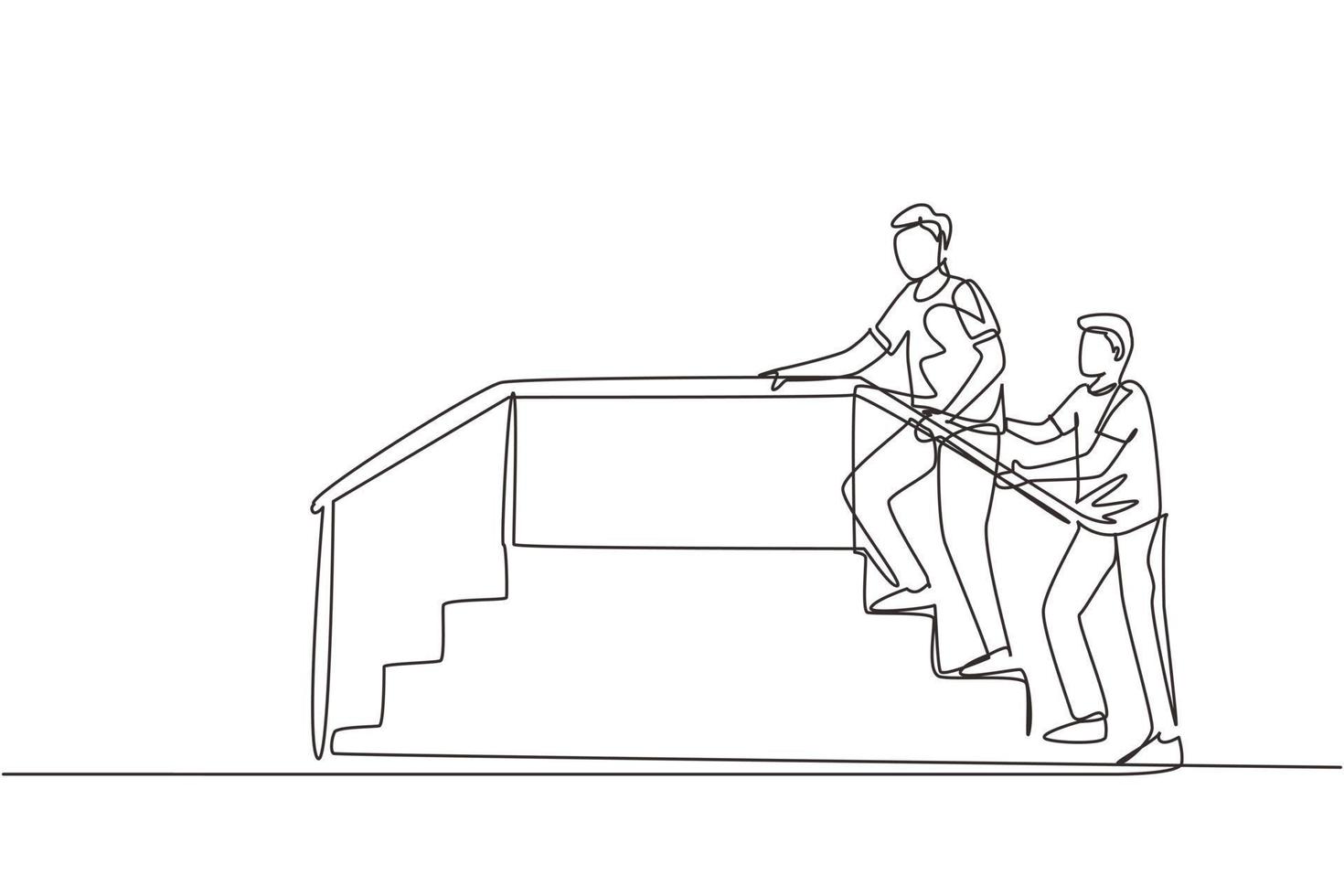 Single continuous line drawing therapist working with male patient climbing the stairs, medical rehabilitation, physical therapy activity. Dynamic one line draw graphic design vector illustration