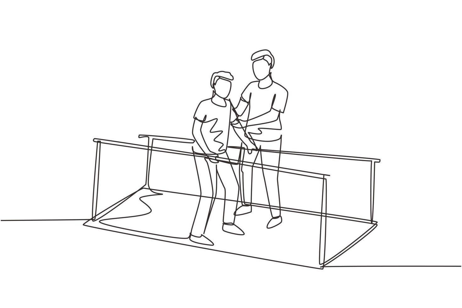 Continuous one line drawing isometric doctor physiotherapist helping male patient using leg prosthesis to take first step. physical therapy of people with disabilities. Single line draw design vector