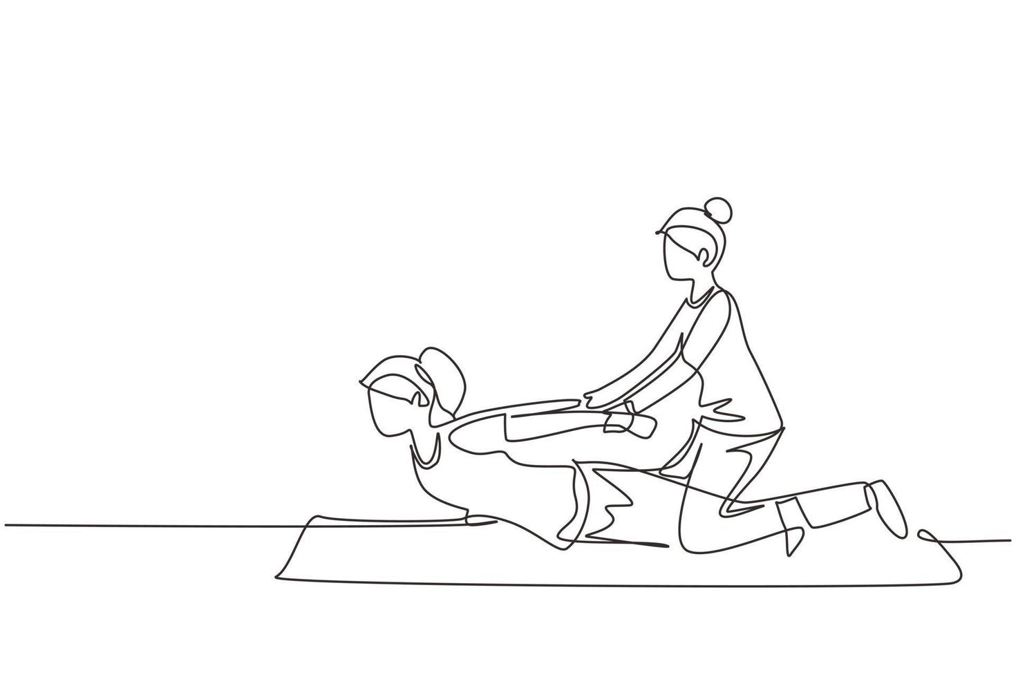 terapeuta profesional de dibujo de una sola línea practicando terapia de masaje. mujer paciente disfrutando de un tratamiento corporal de spa de bienestar. rehabilitación, fisioterapia. vector gráfico de diseño de dibujo de línea continua
